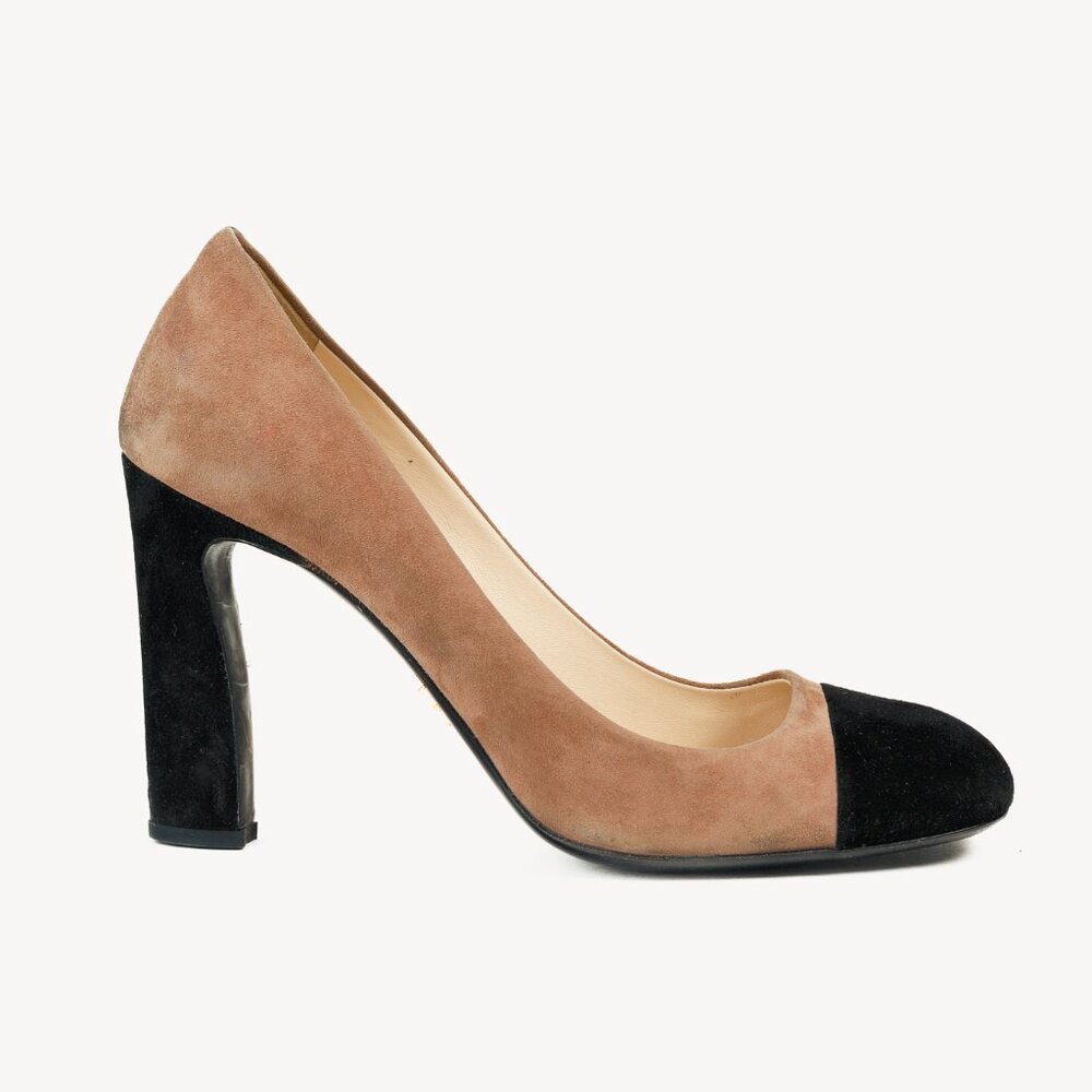 Prada Taupe & Black Cap Toe Suede Pumps